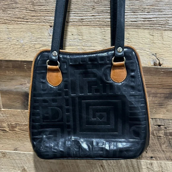 Vintage DUE FRATELLI Leather Shoulder hand Bag black tan double zipper  rare - Picture 1 of 7